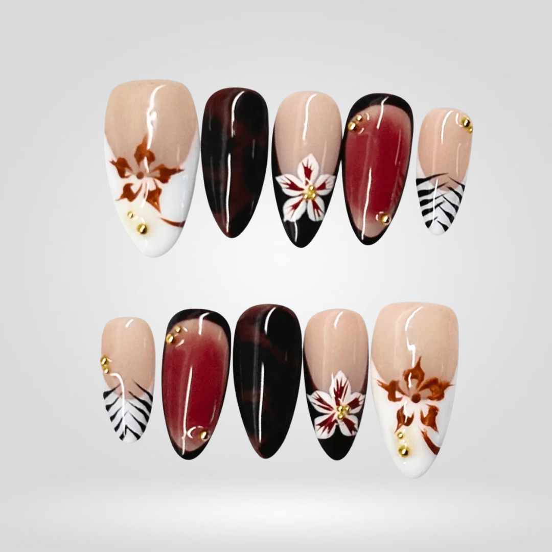 Autumn Bloom Brown Floral Press-On Nails - Aninail