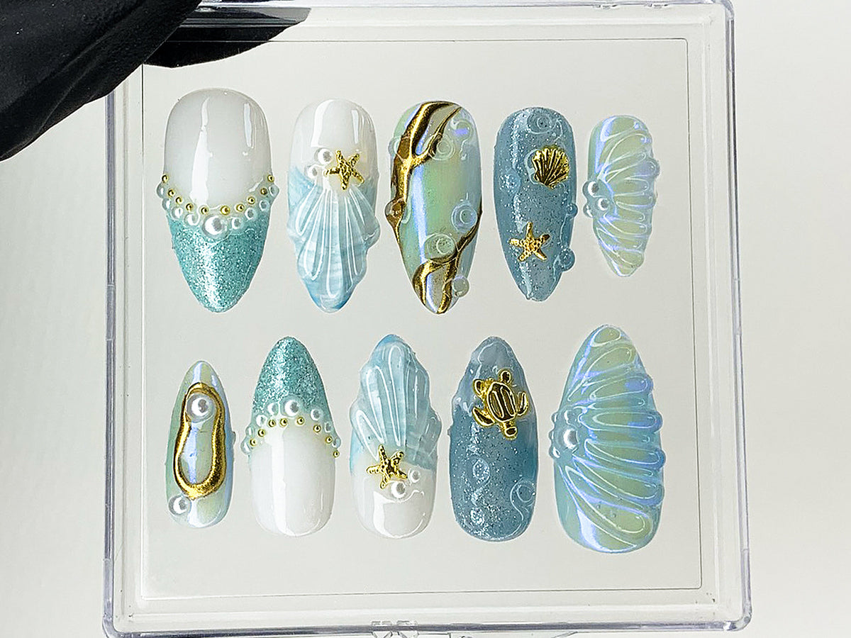 Mermaid Ocean Press On Nails | Blue Ocean-Inspired Designs with Glittery Oceanic, 3D Starfish | Custom Handmade Press On Nails | OC503AL