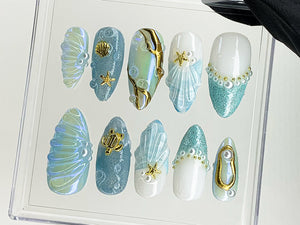 Mermaid Ocean Press On Nails | Blue Ocean-Inspired Designs with Glittery Oceanic, 3D Starfish | Custom Handmade Press On Nails | OC503AL
