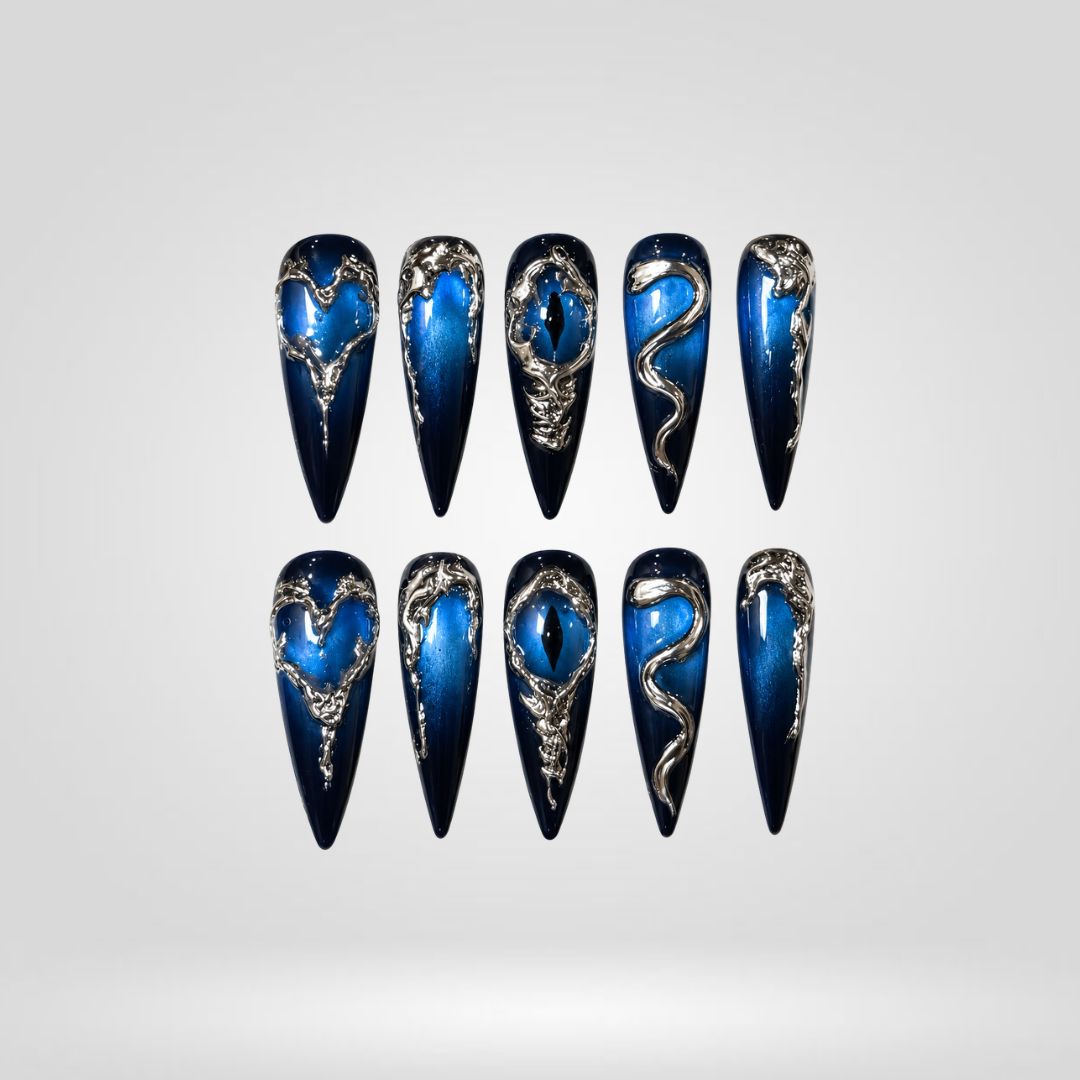 Sapphire Swirls Blue Cat Eye Press-On Nails - Aninail