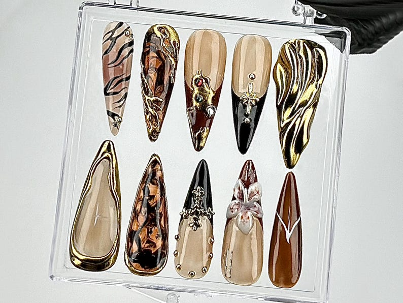 Black & Gold Marble Press On Nails | Leopard Print, Brown Fake Nails | Nature-Inspired Designs Nail Art | Edgy Gothic Nails | OB694YK