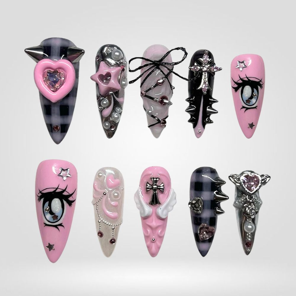 Cyber Cupid Y2K Silver Hearts Press-On Nails - Aninail