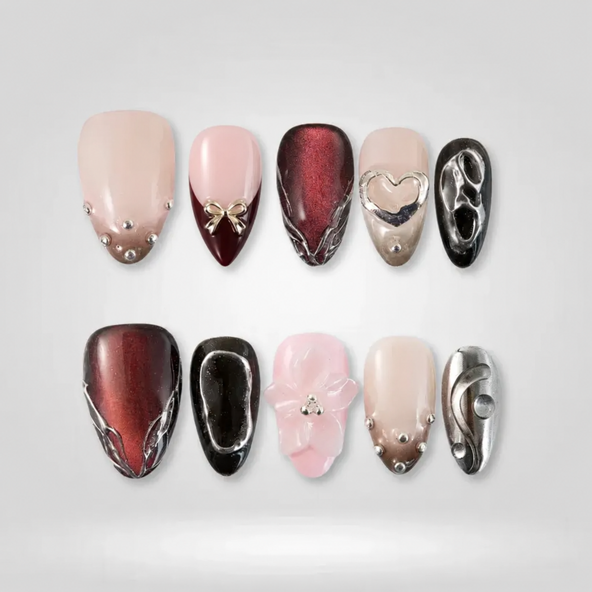 Rose Obsidian 3D Floral Silver Charm Press-On Nails - Aninail