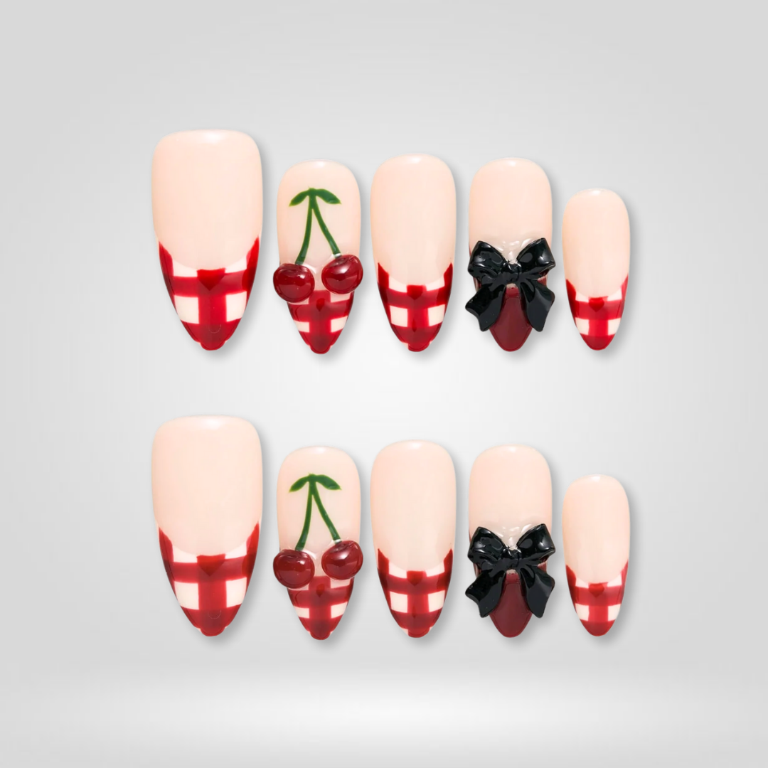 Cherry Wrap 3D Bow Plaid Press-On Nails - Aninail