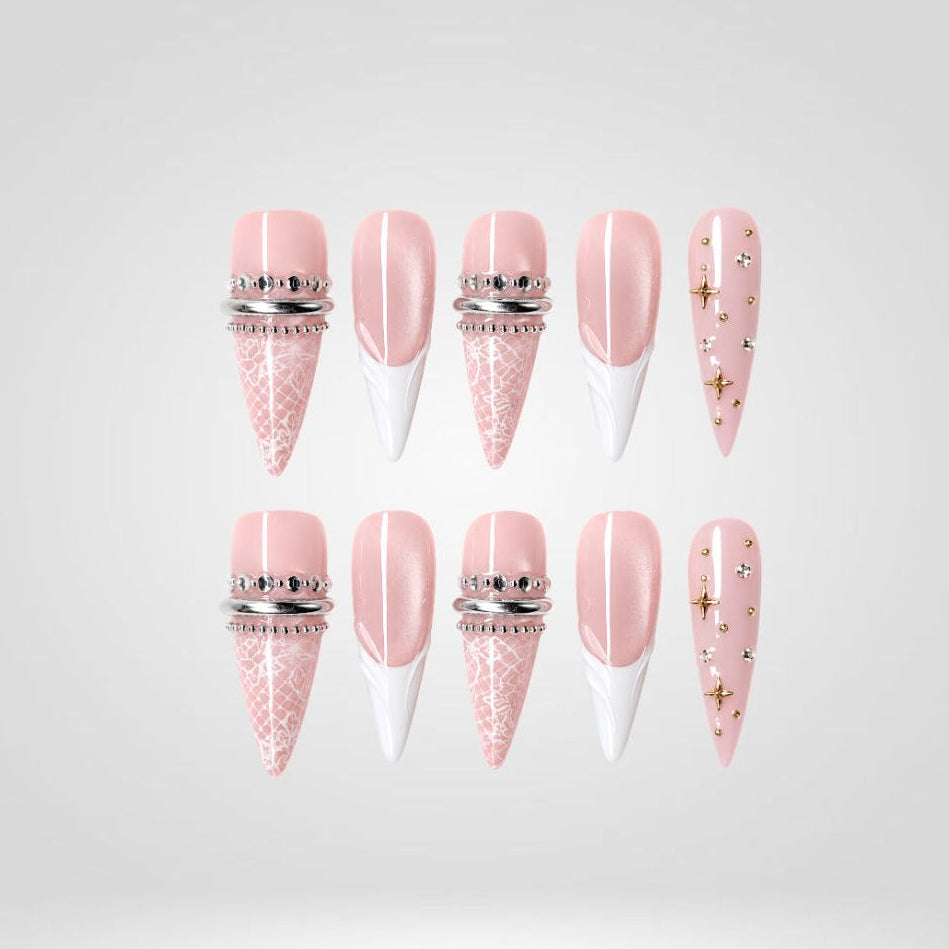 Blush Lace Ribbon Press-On Nails - Aninail