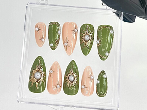 Elegant Green and Gold Press On Nails | Gold Sunburst and Pearl Accented Fake Nails | Custom Green Pearl Nail Art | Luxury Nails | OC740YC