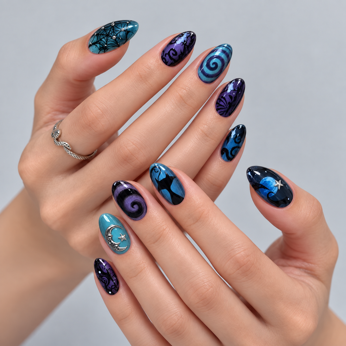 Moonlit Whiskers Halloween Almond Press-On Nails - Aninail