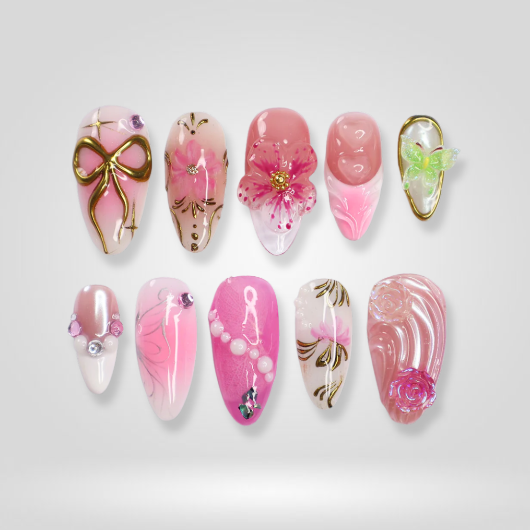 Pink Ribbon 3D Floral Spring Press-On Nails - Aninail