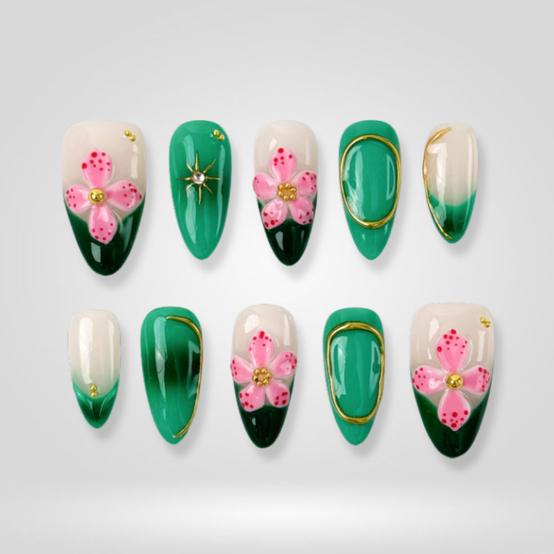 Jade Flower Green Floral Press-On Nails - Aninail