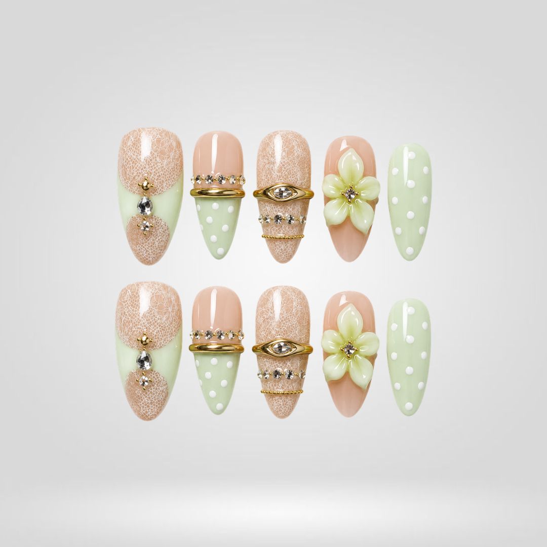 Emerald Lace 3D Floral Press-On Nails - Aninail