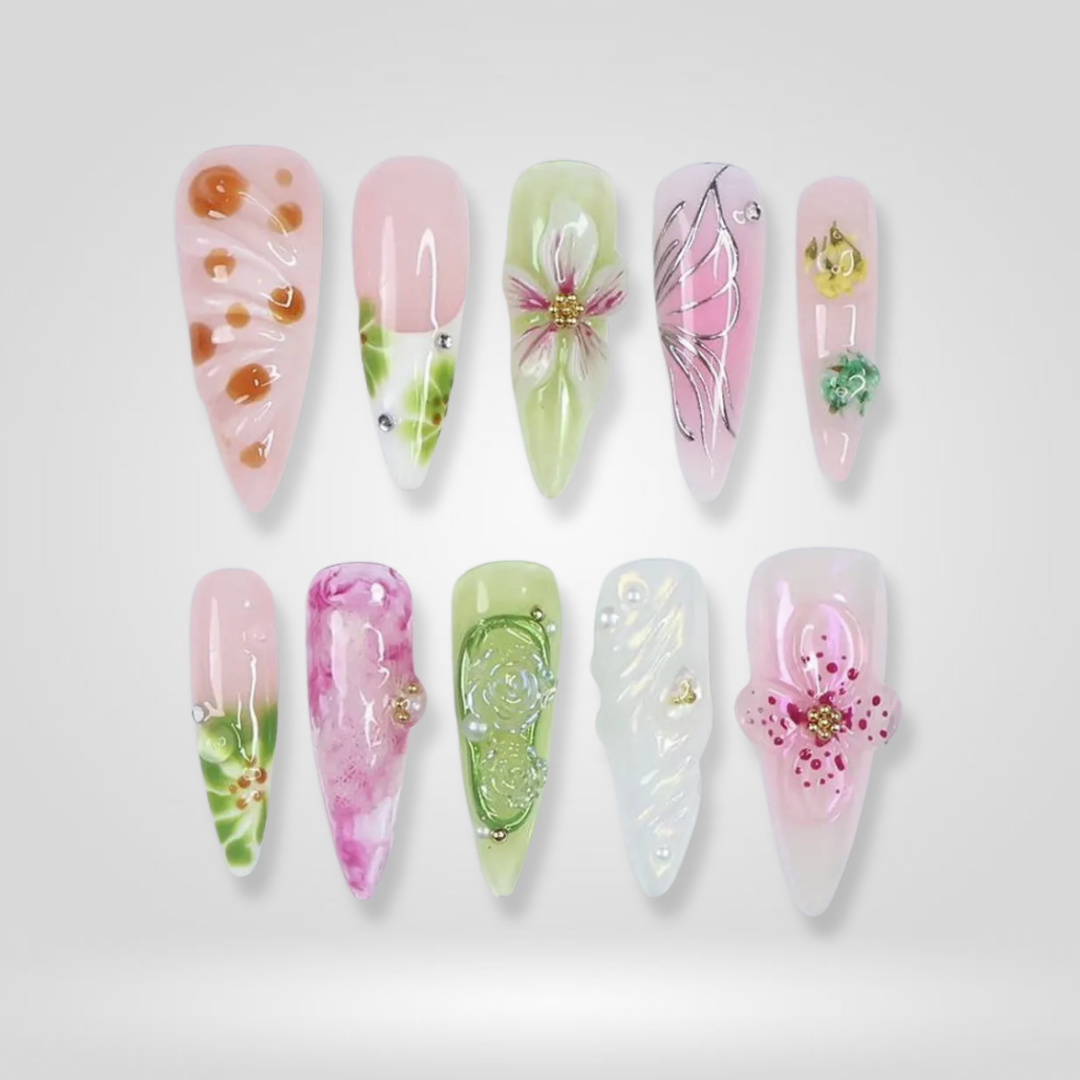 Rosy Drift Floral Press-On Nails - Aninail