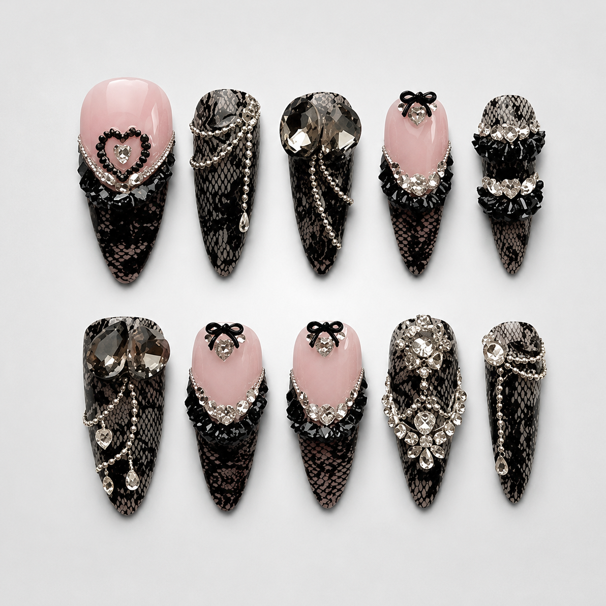 Lace Widow Crystal Heart Press-On Nails - Aninail