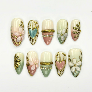 3D Floral Press On Nails with Gold Details | Pastel Heart & Flower Art | Romantic Botanical Nails | OB540UC