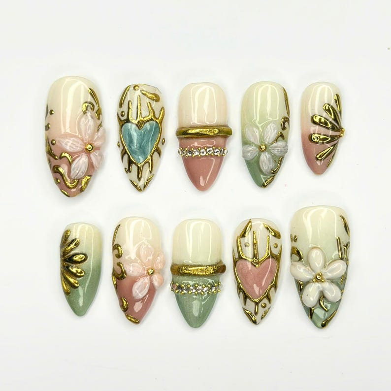 3D Floral Press On Nails with Gold Details | Pastel Heart & Flower Art | Romantic Botanical Nails | OB540UC