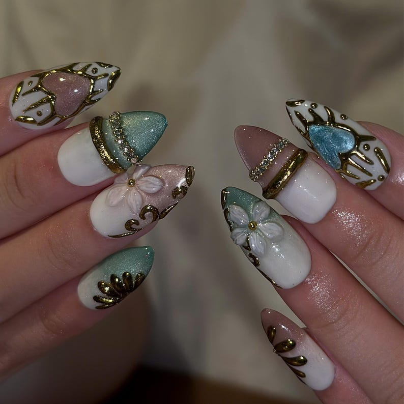 3D Floral Press On Nails with Gold Details | Pastel Heart & Flower Art | Romantic Botanical Nails | OB540UC