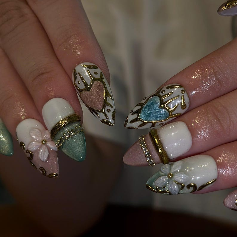 3D Floral Press On Nails with Gold Details | Pastel Heart & Flower Art | Romantic Botanical Nails | OB540UC