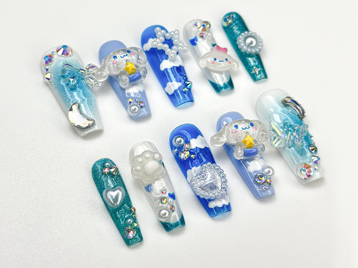 Kawaii Puppy Cloud Press On Nails | Blue Sky Nail Art | 3D Cloud & Star Resin Nails | Dreamy Pup-Inspired Press Ons | Cute Nails| OB925HC