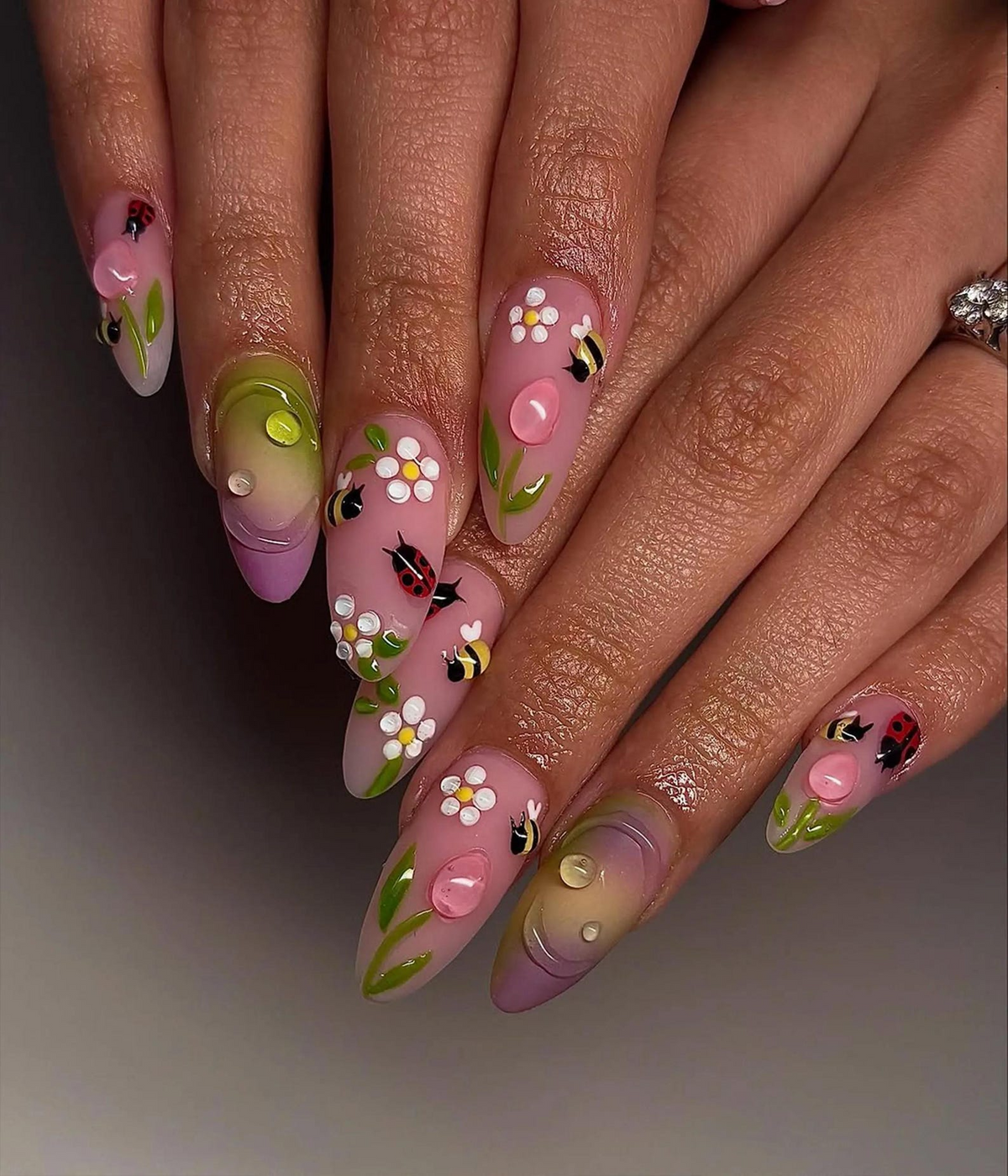 Bee & Ladybug Garden Press On Nails | Spring Floral Tulip Nail Art | Pastel Ombre Flower Nail Design | Cute Garden Insect Nails | OC826HC