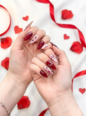 Valentine’s Day Heart Press On Nails | Red & Pink Romantic Nail Set | Handmade Gift for Girlfriend | Elegant Stiletto Fake Nails | OC999GC