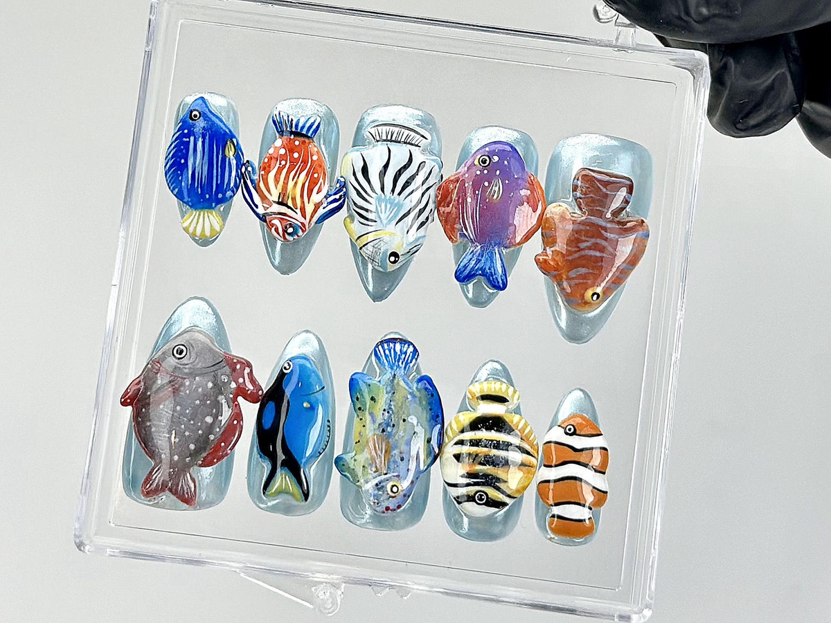 Tropical Aquarium Press On Nails | 3D Fish Aquarium Fake Nails | Ocean Fish Nail Art | Marine Life Press Ons | Kawaii Nails |Unique |OA875YK
