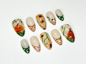 Autumn Pumkin Press On Nails | Pumpkin Sunflower Nail Art | Fall Rustic Farm Nails | Handmade Long Stiletto Nails | OC1087HC