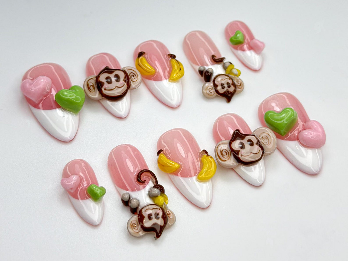 Cute Monkey Pink Cute Press On Nails | Cute 3D Banana Monkey Nails | Pink & Green Heart Nails | Kawaii Jungle Vibe | Cartoon Nails | OB811HC