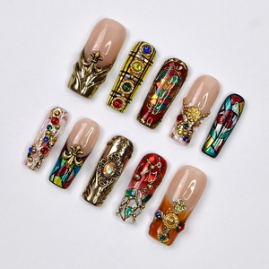 Handmade Baroque 3D Press-On Nails | Stained Glass Vitreaux Design | Long Square Gothic Fake Nails for Holiday, Vacation, Birthday | OB907L
