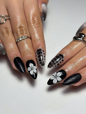 3D Monochrome Flora Nails | Reptile Print & Velvet Knit Press Ons | Luxury Gothic Minimalism Stiletto Art | OC1343IC
