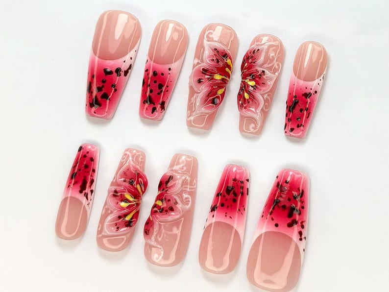 Hot Pink Bloom Press-On Nails | Spring Flower Press Ons | 3D Flowers Fake Nails| Perfect for Special Occasions | Summer Collection |OB768YC