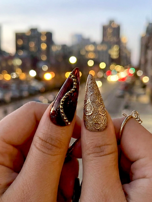 Luxury Gold Floral Press On Nails | Spring Floral Crystal Nail Art | | Gold Sculpted Couture Nails | Long Stiletto Nails | OB968EC