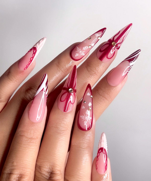 Elegant Burgundy Christmas Press On Nails | Glossy Christmas Nail Art| Winter Holiday Nail Art | Glossy Stiletto Press Ons | OB1194EC