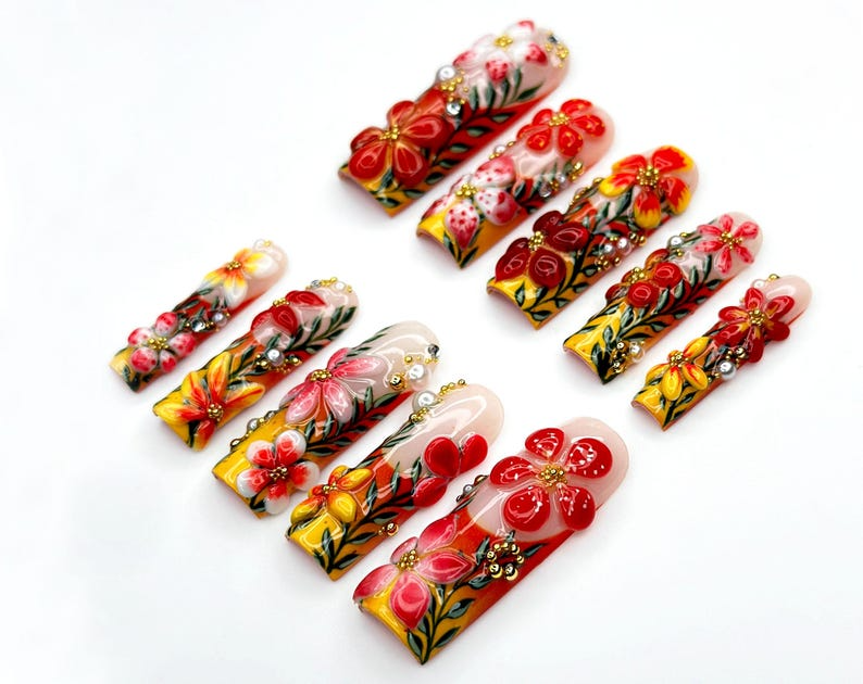Tropical Bloom Garden Press On Nails | 3D Floral Art Nail Set | Handpainted Exotic Flower Nails | Summer Paradise Tips | OA946EC