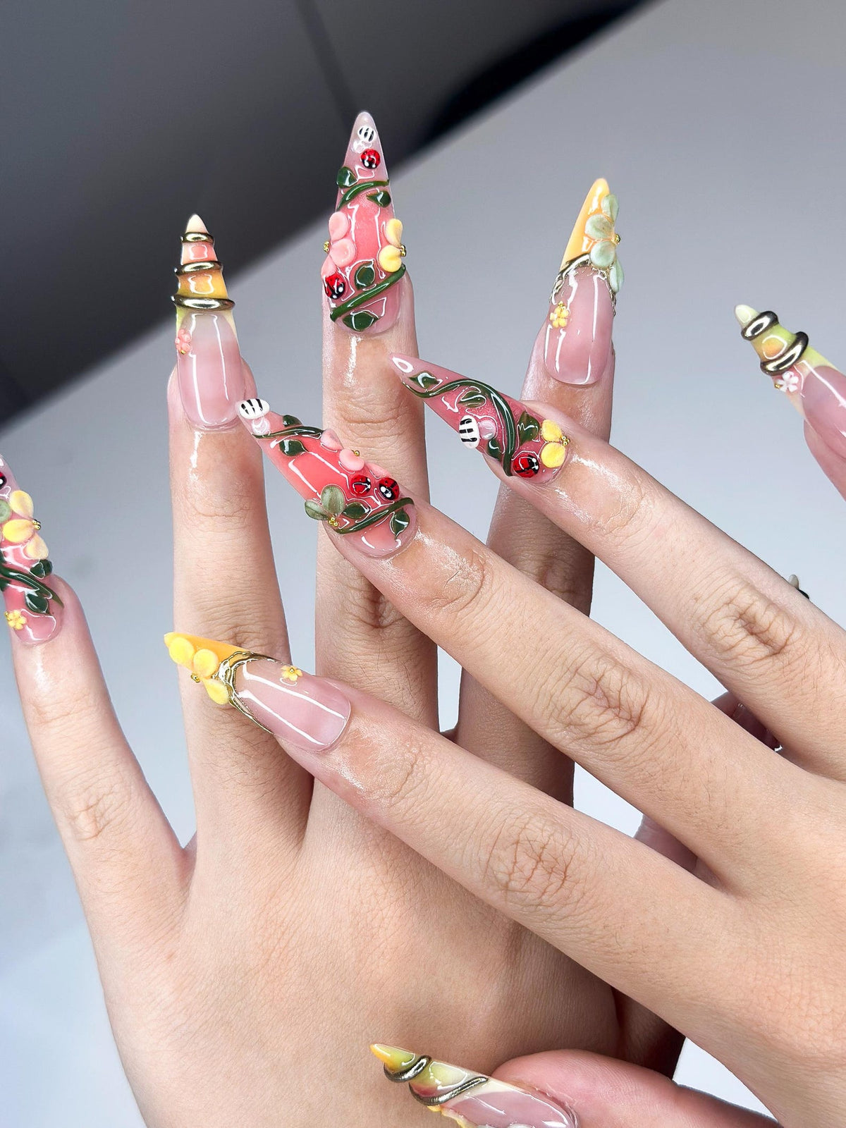 3D Ladybug Floral Press On Nails | Metallic Vines Enchanted Garden Set| OB1327IK