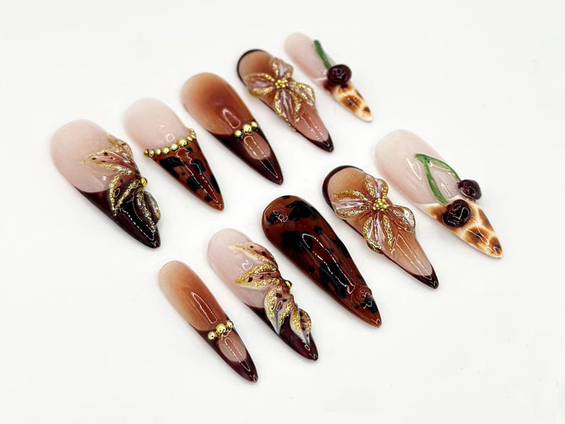 Brown Tortoise Shell Press-On Nails | Handmade Gold Floral Accent Nails | Tortoise Shell and Cherry Design | Brown Ombre Accents | OB652H