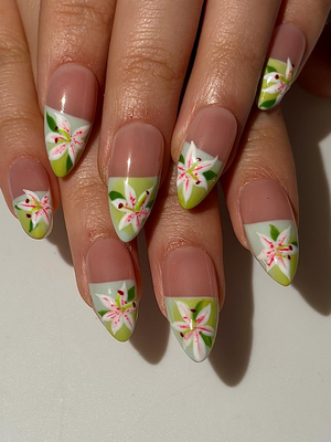 Soft Lily Floral Press On Nails for Spring | Pink Green Flower Nails | Lilies Nail Art | Botanical Press Ons | Romantic Spring Nail| OB294HC