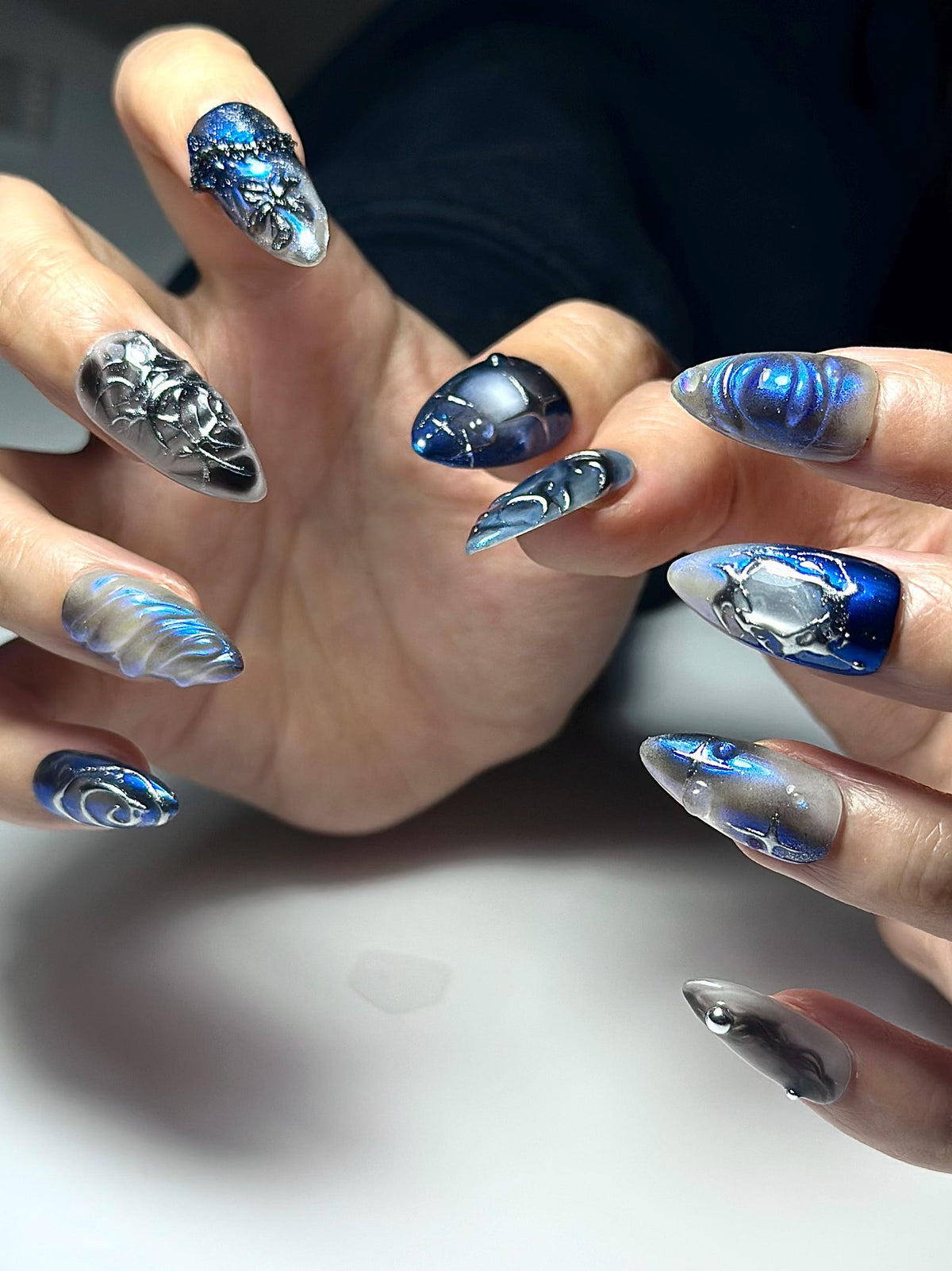 Galaxy Gothic Press On Nails | Dark Blue Chrome Cat Eye Nails | Celestial Star Night Nail Art | Handmade Cosmic Gel Nails | OB328IC