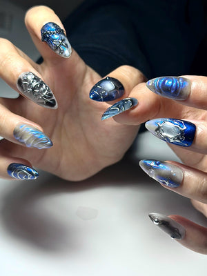 Galaxy Gothic Press On Nails | Dark Blue Chrome Cat Eye Nails | Celestial Star Night Nail Art | Handmade Cosmic Gel Nails | OB328IC