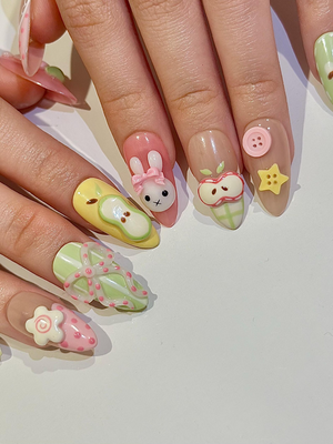 Kawaii Bunny Easter Press On Nails, Pastel Green and Pink Plaid Nails, Colorful Pastel Gingham Fake Nails For Cute Lover, OB1291H