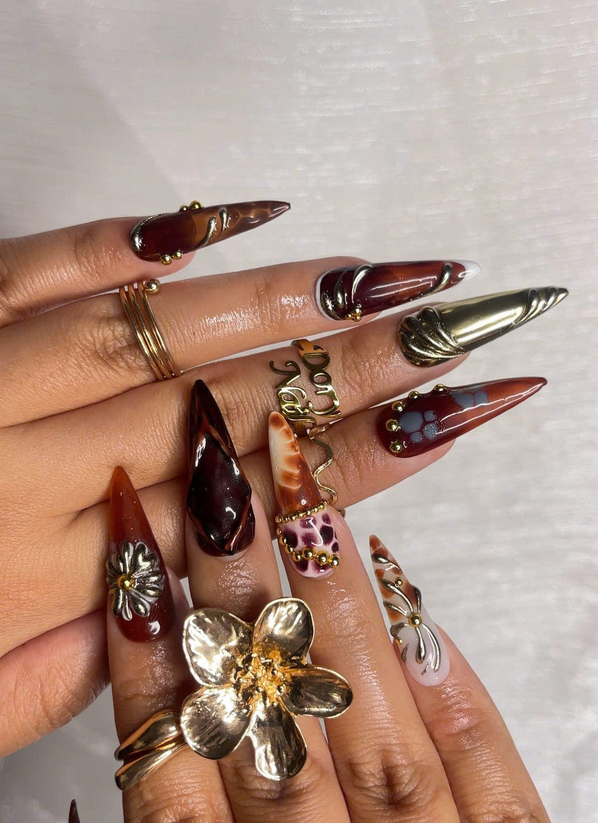 Autumn Luxe Press On Nails | Dark Red & Metallic Gold Nail Art | Handmade Gothic Glam Nails | Long Stiletto Nail | Luxury Fall Vibe| OB173HK