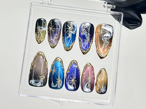 Galaxy Star Press On Nails | Cosmic Nail Set with Gold Stars Fake Nails | Starry Night Nail Art | Galaxy Blue Nails | Luxury Nails | OB916YC