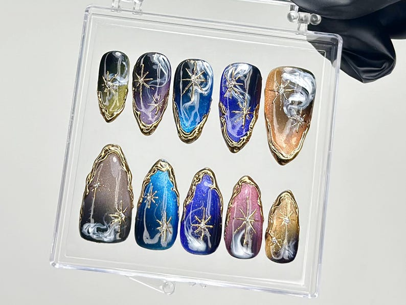 Galaxy Star Press On Nails | Cosmic Nail Set with Gold Stars Fake Nails | Starry Night Nail Art | Galaxy Blue Nails | Luxury Nails | OB916YC