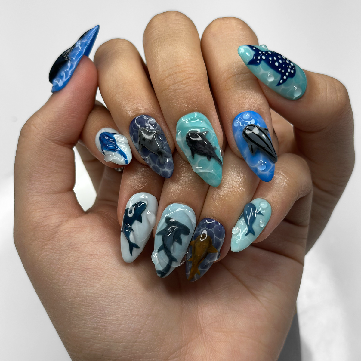 Handmade Shark Press On Nails | 3D Great White Shark Nails | Hammerhead Whale Shark | Shark Blue Sea Ocean Nails | Gift for Her OB410LK