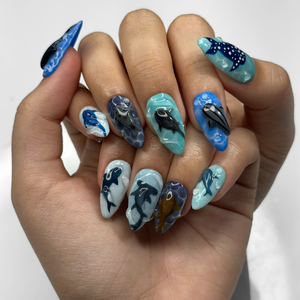 Handmade Shark Press On Nails | 3D Great White Shark Nails | Hammerhead Whale Shark | Shark Blue Sea Ocean Nails | Gift for Her OB410LK