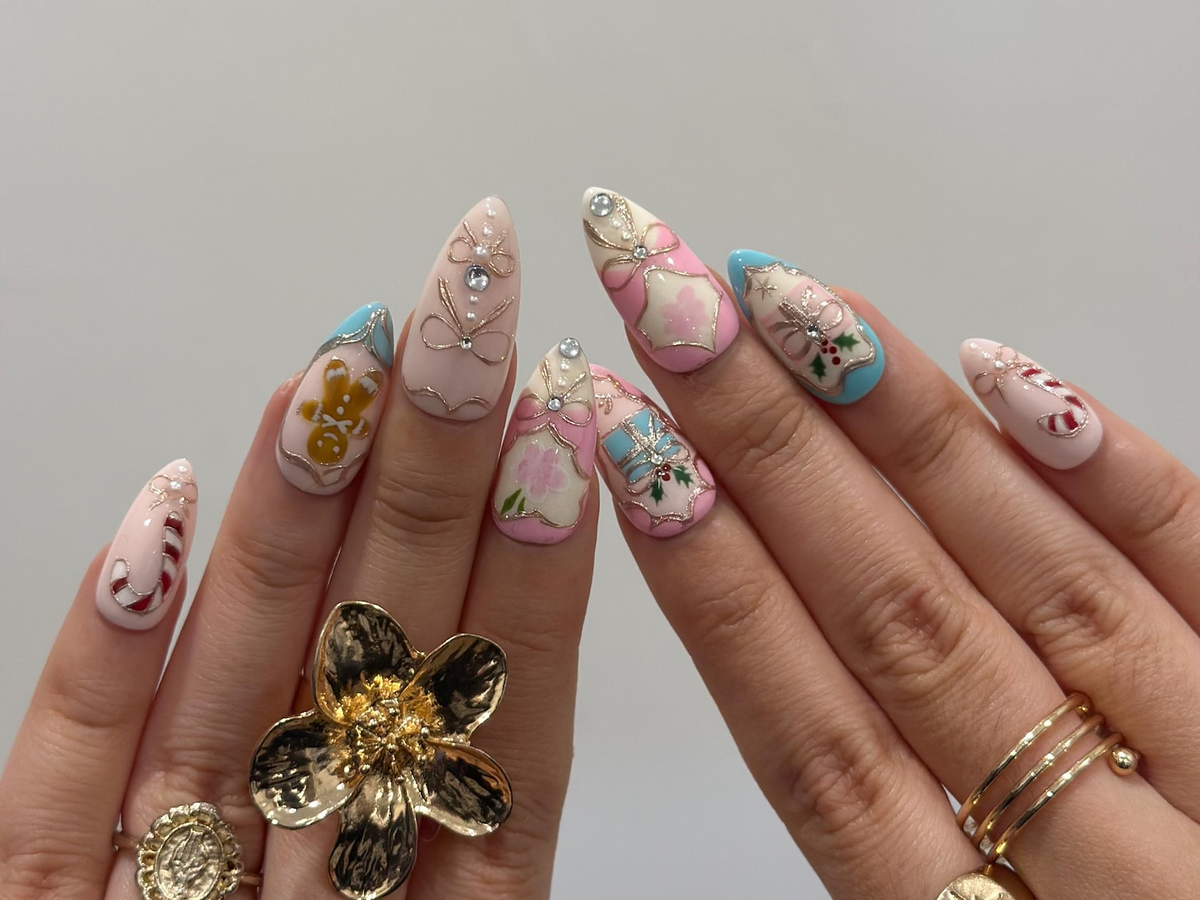 Pink Pastel Christmas Press On Nails | Pastel | Gingerbread & Candy Cane Nails | Pink Christmas Press Ons | Cute Festive Design | OB218HC