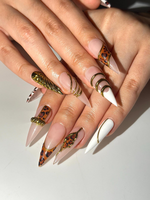 Gold Leopard Luxury Press On Nails | 3D Metallic Chrome Nails | Animal Print Stiletto | Glam Nail Set | Handmade Press Ons | OC318HC