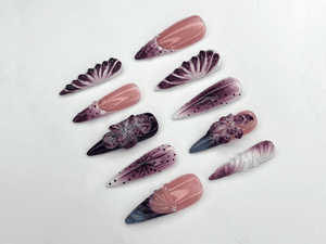 Elegant Purple Bloom Press On Nails | 3D Floral Ombre Nail Art | Nude Pink Handmade Nails | Luxury Artistic Long Set | OB1152BK