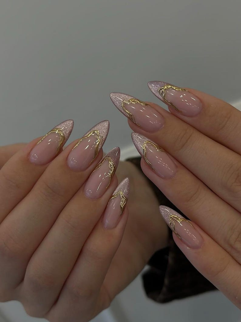 Rose Gold French Press On Nails | Nude Pink Luxury Nails | Gold Chain French Tips | Elegant Minimal Nail Art | Chic Press Ons| OC261HC