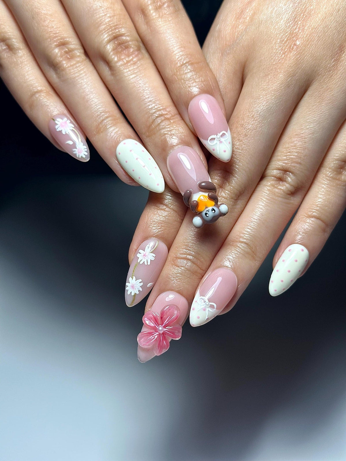 Soft Pink Mokey Press On Nails | Cute Bow & Daisy Nail Art | Kawaii Nails | Elegant Spring Nail Design| Handmade Romantic Press Ons| OC329HC