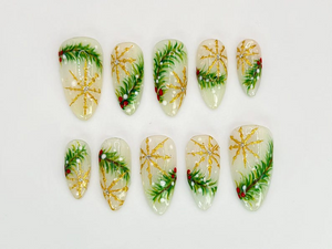 Luxury Christmas Press On Nails | Gold Snowflakes And Pine Accents Fake Nails | Festive Holiday Nail Polish | Seasonal Nail Art | OC650YC