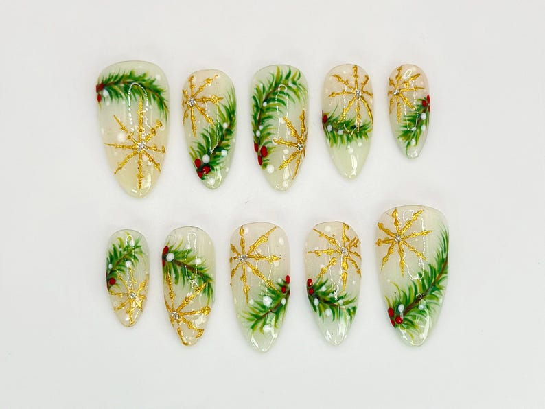 Luxury Christmas Press On Nails | Gold Snowflakes And Pine Accents Fake Nails | Festive Holiday Nail Polish | Seasonal Nail Art | OC650YC